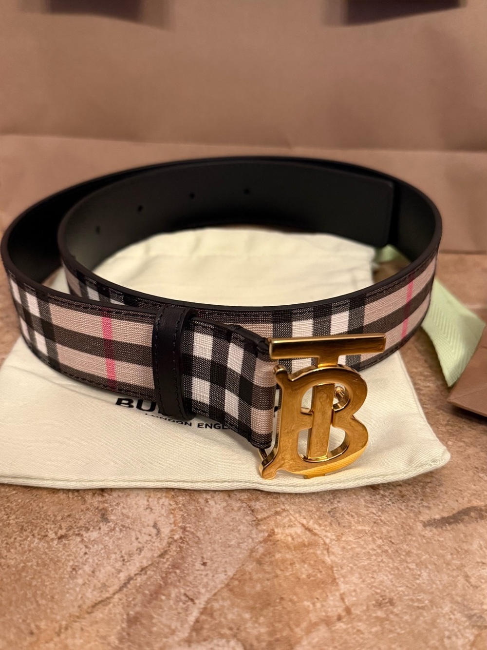 Burberry Black, Beige & Pink Check TB Gold Buckle Belt